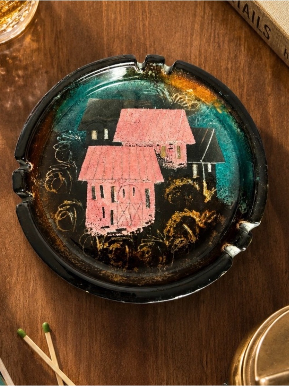 Vintage Mid Century SASCHA BRASTOFF 7" Round Ceramic Ashtray MCM Houses Pottery